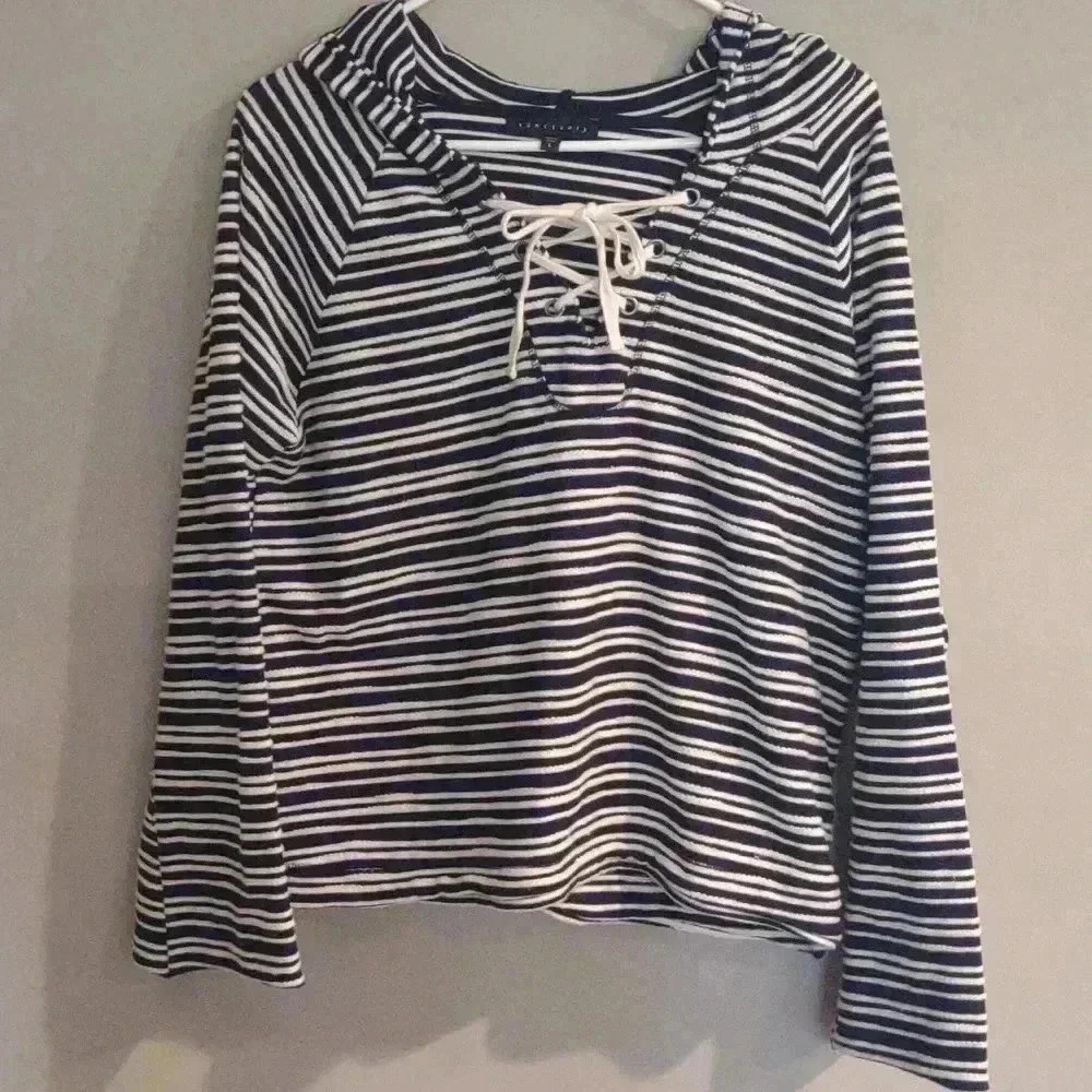 Sanctuary Women's Large‎ kimono long sleeve black white stripe hooded top